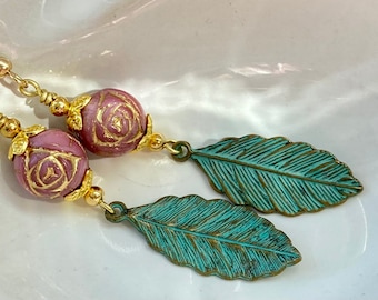 Patina Leaf Earrings, Rosebud Earrings, Flower Earrings, Floral Jewelry, Czech Glass Earrings, Long Dangle Earrings, Nature Lover Gift