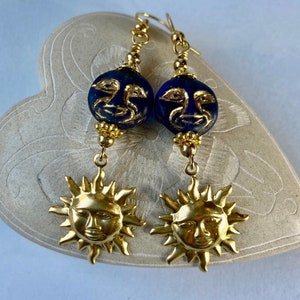 Sun and Moon Earrings, Brass Sun Charms, Celestial Jewelry, Czech Glass Moon Jewelry, Sun Earrings, Moon Gift, Moon Face Jewelry image 1