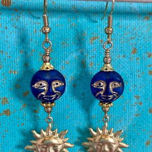 Sun and Moon Earrings, Brass Sun Charms, Celestial Jewelry, Czech Glass Moon Jewelry, Sun Earrings, Moon Gift, Moon Face Jewelry image 2