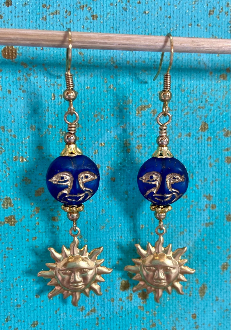 Sun and Moon Earrings, Brass Sun Charms, Celestial Jewelry, Czech Glass Moon Jewelry, Sun Earrings, Moon Gift, Moon Face Jewelry image 2