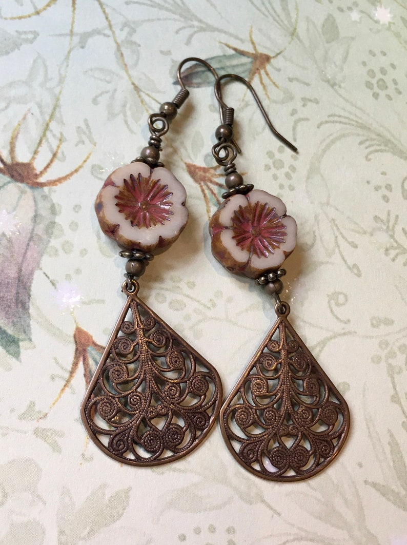 Flower Earrings Vintage Style Accessories Neutral Jewelry Boho Antique Brass Vintaj Teardrops Czech Glass Flower Beads Rustic Jewelry