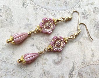 Pink Flower Earrings, Floral Jewelry for Women, Teardrop Earrings, Czech Glass Jewelry, Bridesmaid Gift for Her, Mother’s Day Gift