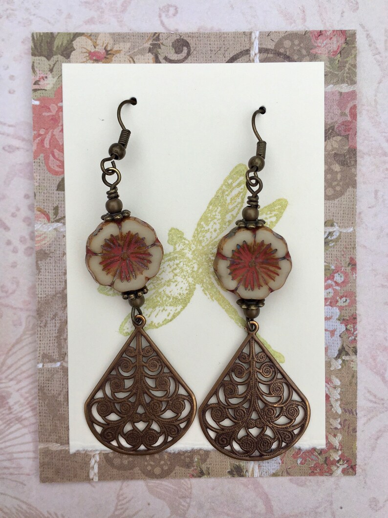 Flower Earrings Vintage Style Accessories Neutral Jewelry Boho Antique Brass Vintaj Teardrops Czech Glass Flower Beads Rustic Jewelry