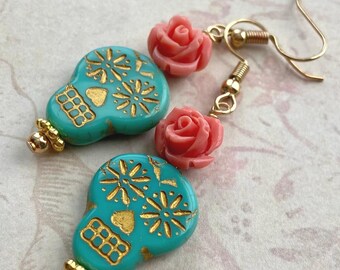 Turquoise Sugar Skull Earrings: Czech Glass Calavera with Coral Roses