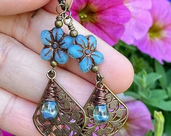 Blue Flower Earrings, Vintage Style Earrings, Floral Jewelry, Antique Brass Vintaj Teardrop Charms, Unique Jewelry for Women, Gift for Her
