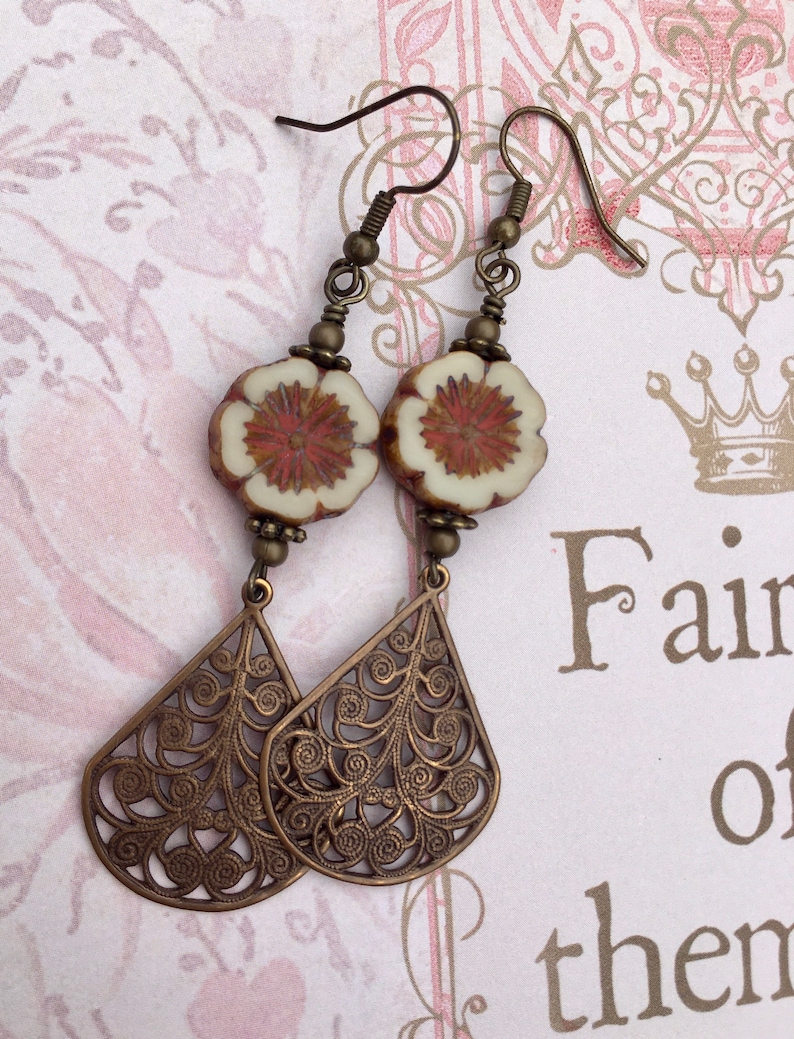 Flower Earrings Vintage Style Accessories Neutral Jewelry Boho Antique Brass Vintaj Teardrops Czech Glass Flower Beads Rustic Jewelry