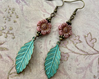 Boho Flower Earrings, Leaf Earrings, Czech Glass Flower Jewelry, Green Patina Brass Earrings, Nature Lover Gift for Her