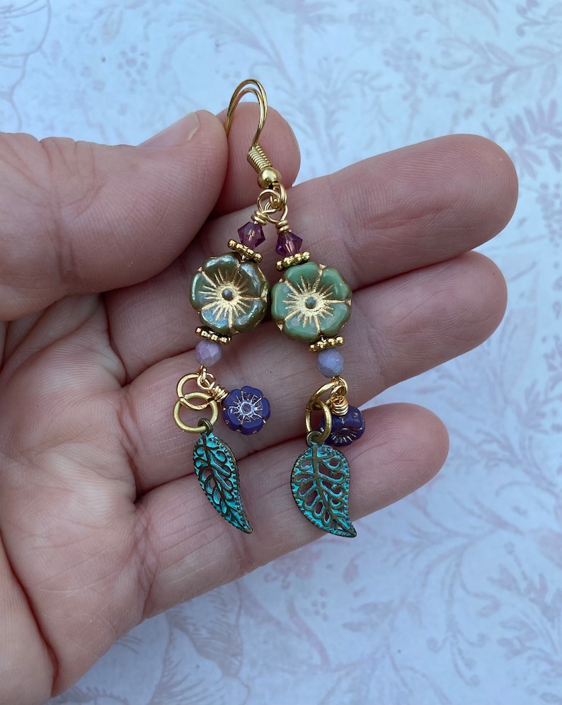 Flower Earrings, Spring Jewelry, Czech Glass Flower Earrings, Long Dangle Earrings, Unique Gift for Her, Jewelry for Women image 4