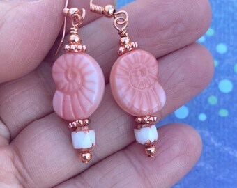 Pink Czech Glass Shell Earrings: Copper Coastal Dangle Earrings