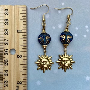 Sun and Moon Earrings, Brass Sun Charms, Celestial Jewelry, Czech Glass Moon Jewelry, Sun Earrings, Moon Gift, Moon Face Jewelry image 7