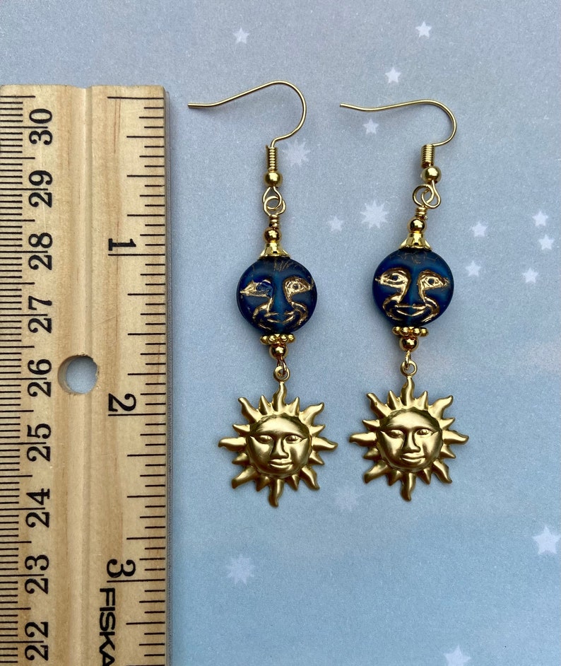 Sun and Moon Earrings, Brass Sun Charms, Celestial Jewelry, Czech Glass Moon Jewelry, Sun Earrings, Moon Gift, Moon Face Jewelry image 7