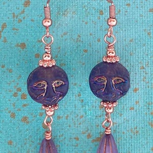 Moon Earrings, Full Moon Face Czech Glass Beads, Man in the Moon Earrings, Celestial Jewelry for Women, Whimsical Earrings