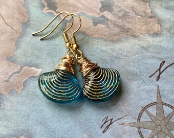 Glass Shell Earrings, Beach Jewelry, Ocean Lover Gift for Her, Coastal Jewelry, Czech Glass Earrings, Gold Wire Wrap Earrings