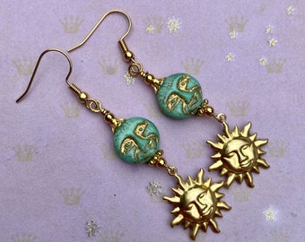 Gold Sun Earrings, Full Moon Earrings, Sun and Moon Jewelry for Women, Man in the Moon Earrings, Czech Glass Moon Beads, Whimsical Earrings