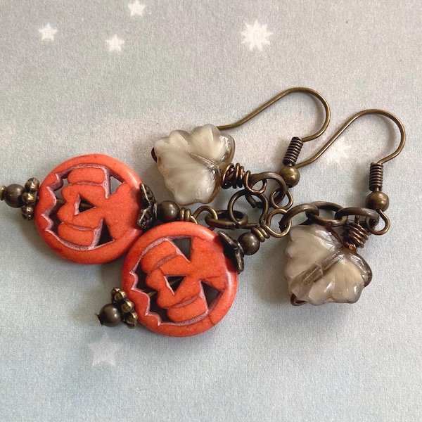 Jack O Lantern Earrings: Stone Pumpkin & Czech Glass leaves, Halloween Jewelry