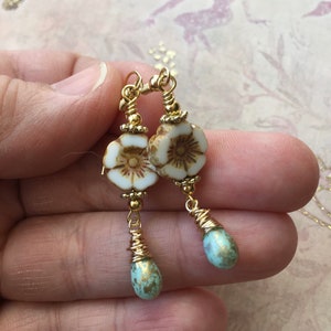 Czech Glass Flower Earrings, White Flower Jewelry, Spring Earrings, Teardrop Earrings, Czech Glass Jewelry for Women