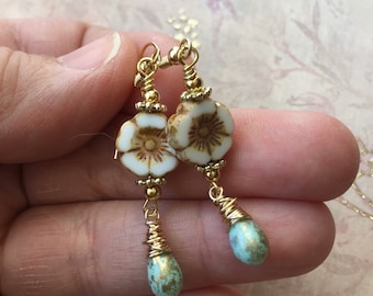Czech Glass Flower Earrings, White Flower Jewelry, Spring Earrings, Teardrop Earrings, Czech Glass Jewelry for Women