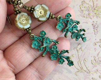 Flower Earrings,Antique Brass,Green Patina Cherry Blossom Earrings,Czech Glass Flower Beads,Spring Jewelry for Women, Bridesmaid Gift