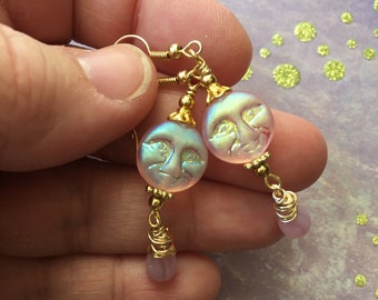 Moon Earrings, Pink Earrings, Czech Glass Moon Jewelry, Celestial Jewelry, Full Moon Face Earrings, Gift for Moon Lover