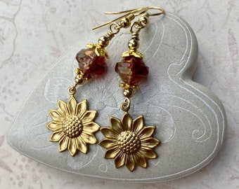 Sunflower Earrings, Flower Jewelry, Floral Earrings, Czech Glass Earrings, Sunflower Jewelry, Czech Glass Jewelry, Solid Brass Sunflowers