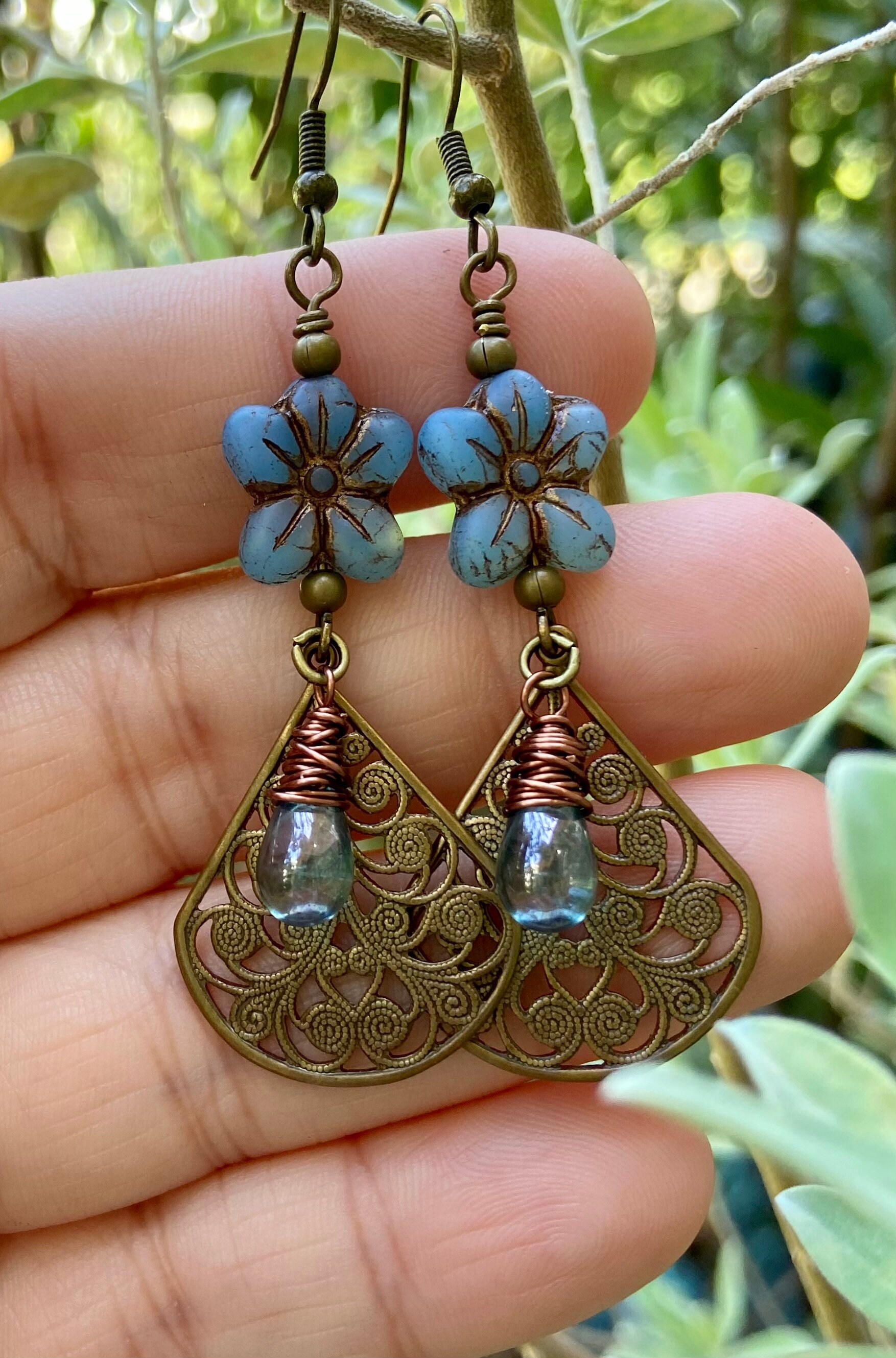 Blue Flower Earrings, Vintage Style Earrings, Floral Jewelry