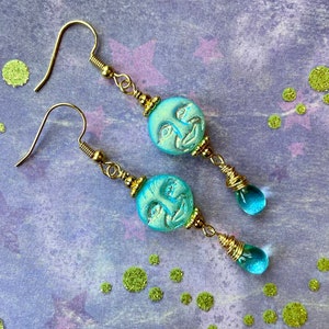 Moon Earrings, Full Moon Czech Glass Beads, Man in the Moon Jewelry, Celestial Jewelry, Full Moon Gift for Her, Moon Face Earrings