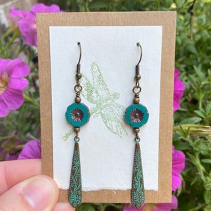 Teal Earrings, Flower Earrings, Czech Glass Flower Earrings, Long Dangle Earrings, Antique Brass Earrings, Vintaj Earrings