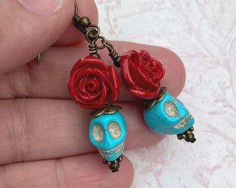 Dia de Los Muertos Orecchini Teschio Nero Con Fiocco plastica Argento Tono Orecchio Filo Halloween Gioielli - Italia