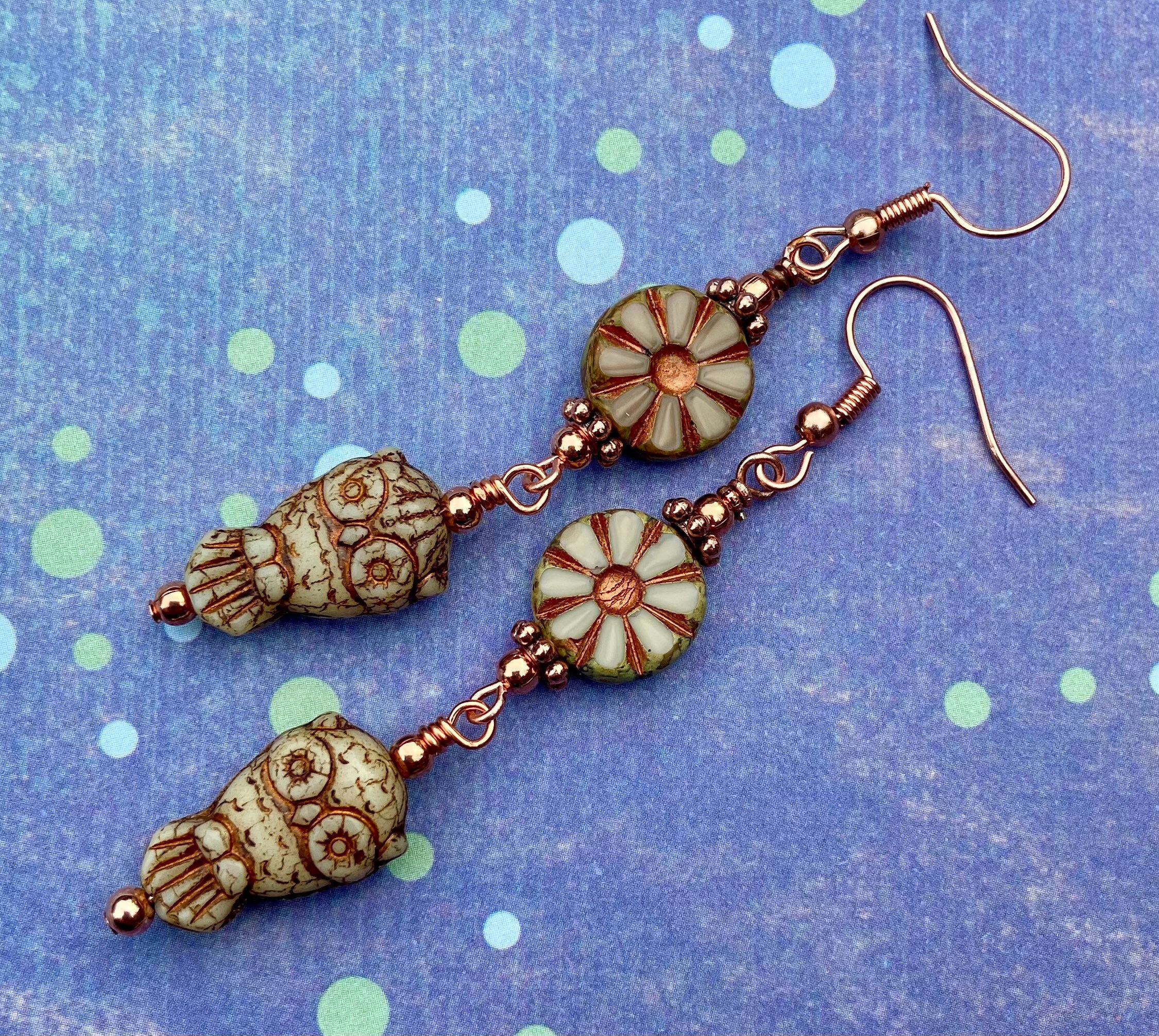 Owl Earrings, Owl Jewelry, Czech Glass Earrings, Long Dangle Earrings, Owl Lover Gift, Bird Earrings