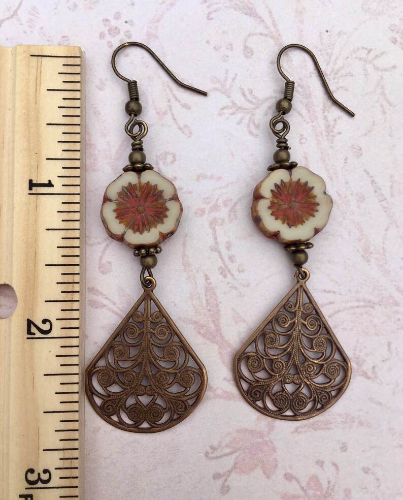 Flower Earrings Vintage Style Accessories Neutral Jewelry Boho Antique Brass Vintaj Teardrops Czech Glass Flower Beads Rustic Jewelry