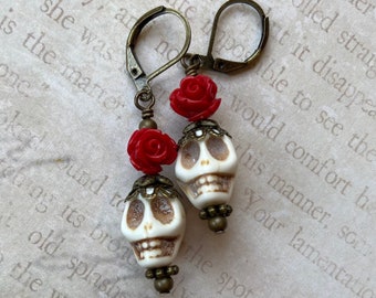 Stone Skull Earrings, Day of the Dead Earrings, Red Roses Earrings, White Skull Earrings, El Dia de los Muertos Earrings, Skull Jewelry