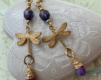 Dragonfly Earrings, Czech Glass Earrings, Dragonfly Jewelry for Women, Long Dangle Earrings, Spring Gift for Her