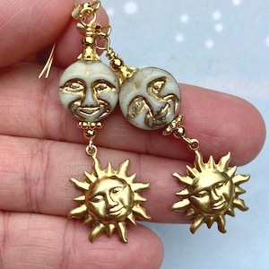 Full Moon Earrings, Sun Earrings, Czech Glass Moons, Celestial Jewelry for Women, Whimsical Earrings, Solid Brass Sun Charms, Summer Jewelry
