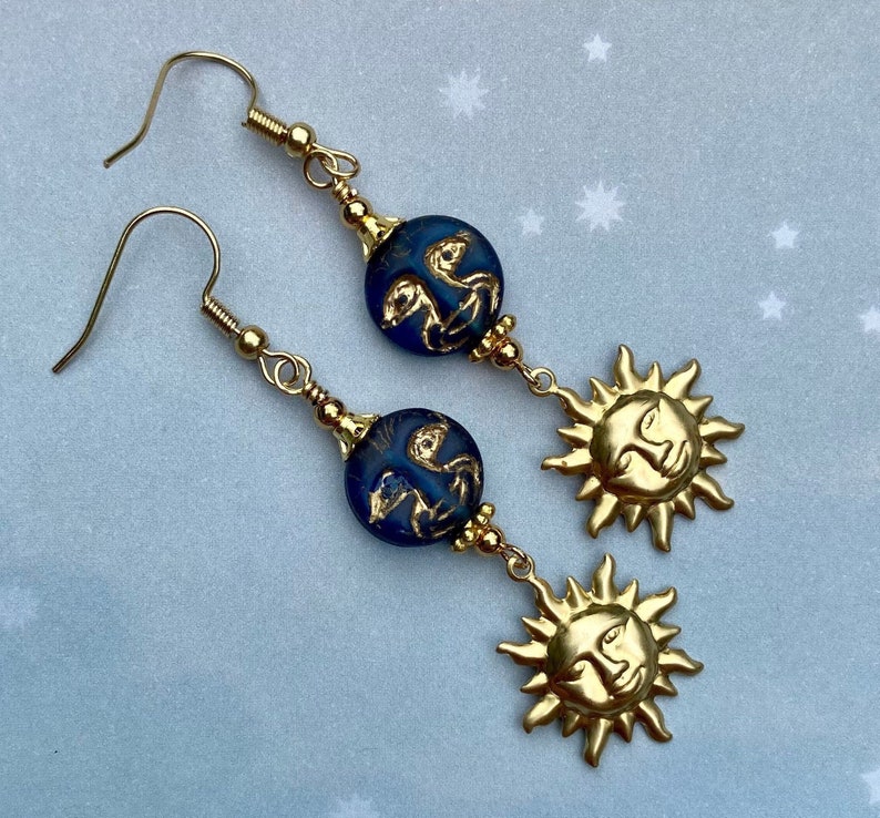 Sun and Moon Earrings, Brass Sun Charms, Celestial Jewelry, Czech Glass Moon Jewelry, Sun Earrings, Moon Gift, Moon Face Jewelry image 4