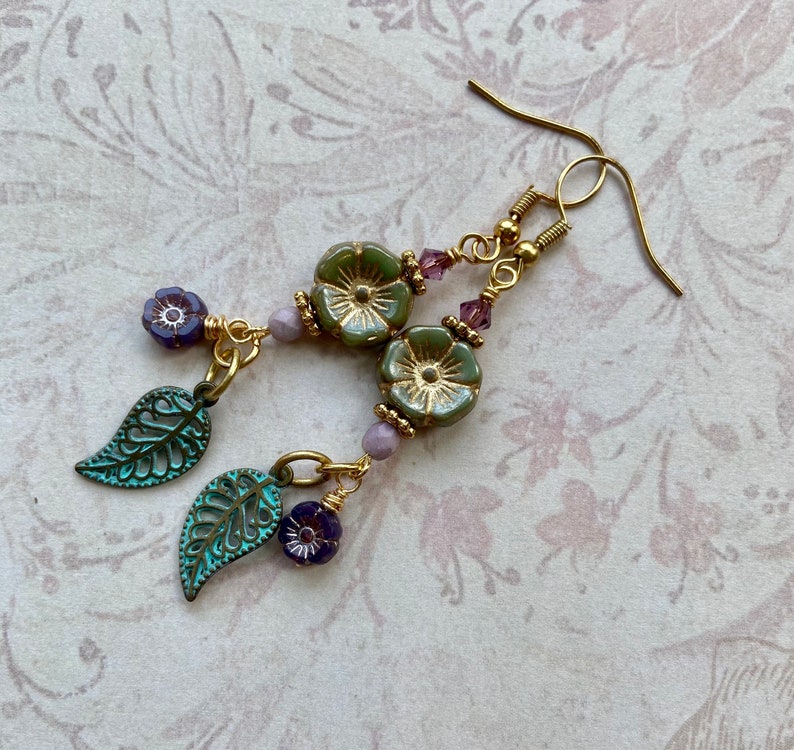 Flower Earrings, Spring Jewelry, Czech Glass Flower Earrings, Long Dangle Earrings, Unique Gift for Her, Jewelry for Women image 1