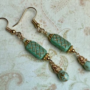 Mint Green Earrings, Czech Glass Earrings, Gold Dangle Earrings, Wire Wrapped Teardrop Earrings, Spring Gift for Her