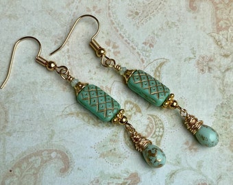 Mint Green Earrings, Czech Glass Earrings, Gold Dangle Earrings, Wire Wrapped Teardrop Earrings, Spring Gift for Her