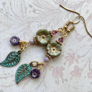 Flower Earrings, Spring Jewelry, Czech Glass Flower Earrings, Long Dangle Earrings, Unique Gift for Her, Jewelry for Women
