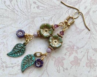 Flower Earrings, Spring Jewelry, Czech Glass Flower Earrings, Long Dangle Earrings, Unique Gift for Her, Jewelry for Women