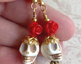 Dia de Los Muertos Skull Earrings: Stone Skulls, Roses, Gold Plated Hooks
