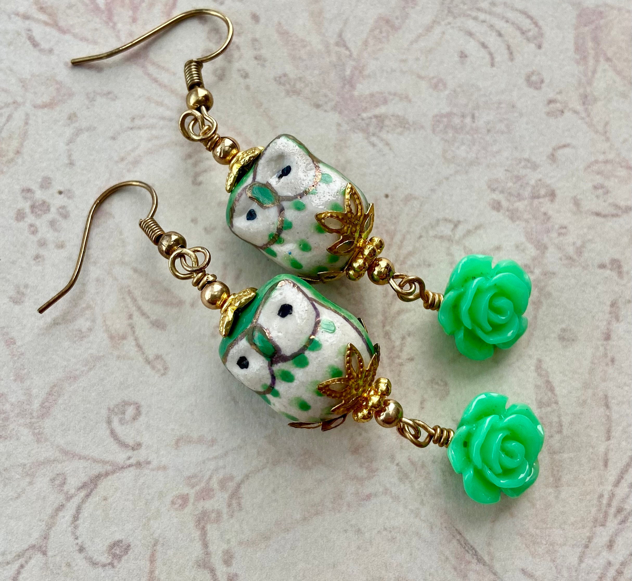 Ceramic Owl Earrings: Green Rose Accent, Gold Plated Hooks