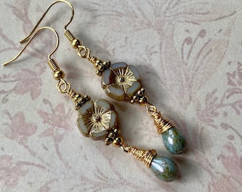 Czech Glass Flower Earrings, Spring Earrings, Gold Wire Wrap Earrings, Czech Glass Jewelry for Women, Floral Earrings, Floral Jewelry