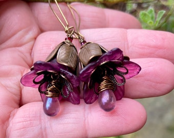 Lucite Flower Earrings, Pink/Fuchsia Floral Jewelry, Antique Brass Earrings, Vintage Style Earrings, Bridesmaid Earrings, Fairy Flower