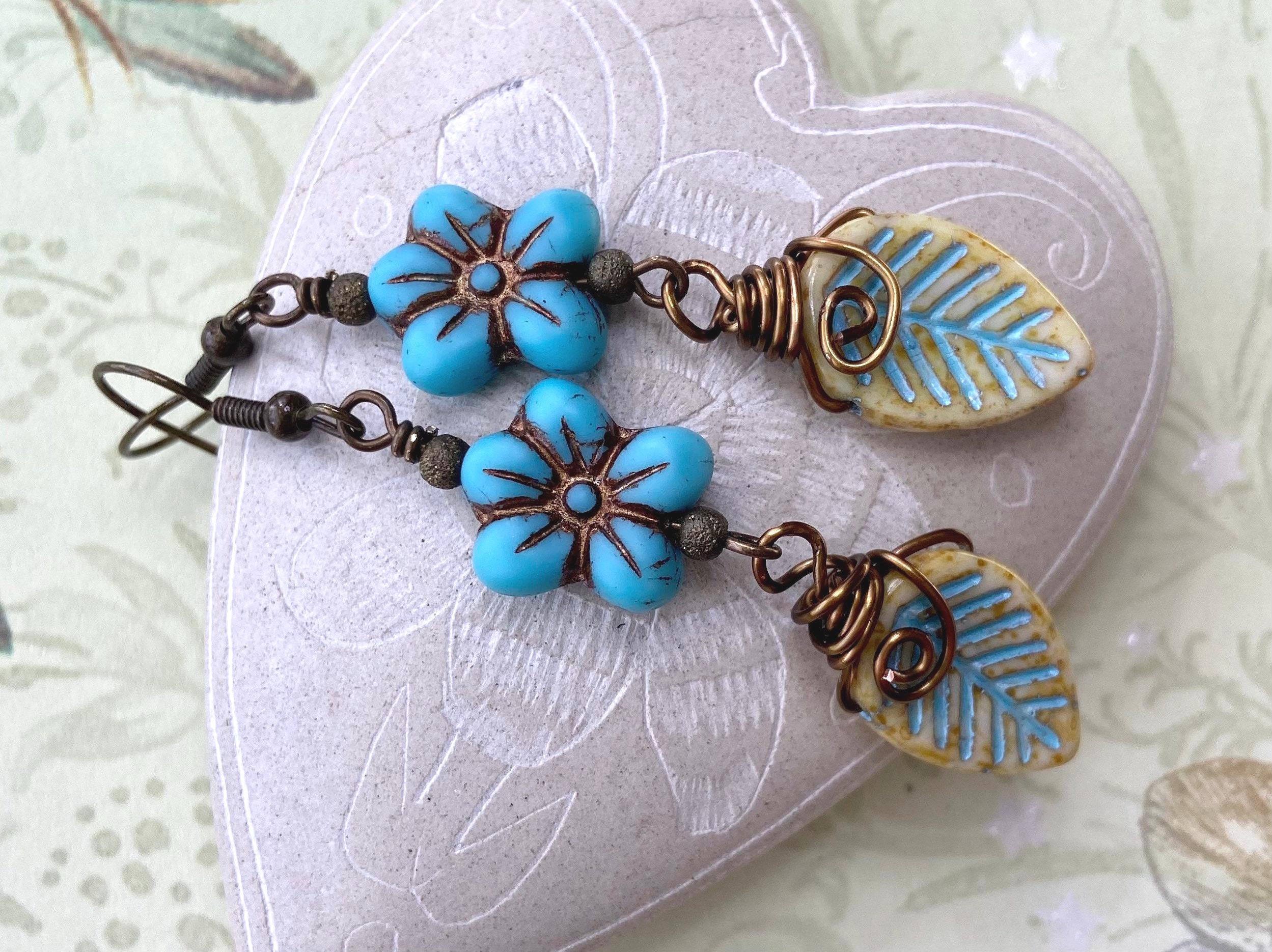 Czech Glass Flower Earrings, Turquoise Floral Earrings, Nature Lover Gift for Her, Leaf Jewelry for Women, Boho Flower Jewelry