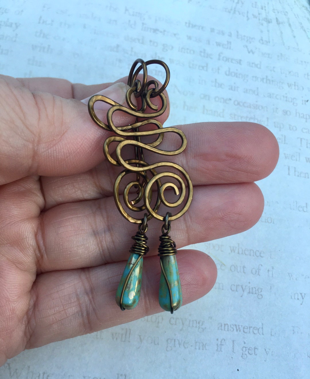 Hammered Brass Earrings, Swirl Earrings, Funky Earrings, Green Teardrop ...