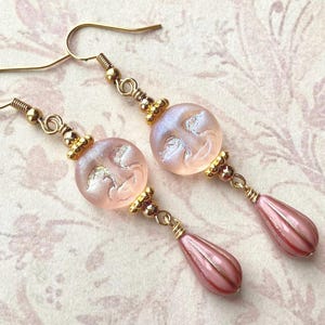Moon Face Earrings, Full Moon Czech Glass Beads, Man in the Moon Earrings, Pink Teardrop Earrings, Celestial Jewelry