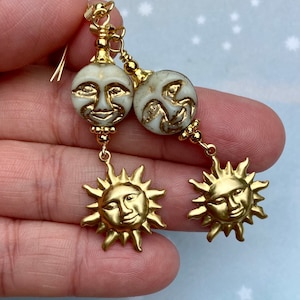 Full Moon Earrings, Sun Earrings, Czech Glass Moons, Celestial Jewelry for Women, Whimsical Earrings, Solid Brass Sun Charms, Summer Jewelry