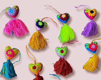 Mexican Pom pom - Heart Pom pom - Colorful Pom Pom Heart Tassel - Hand embroidered heart tassel