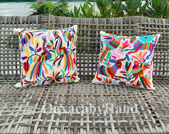 Otomi square pillow cover – Otomi pillow - Otomi embroidery - Colorful Mexican hand embroidery - Handmade pillow – Bohemian Style