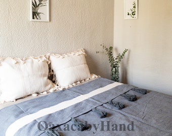 Oaxaca Bedspread - Mexican Bedcover - Handmade Bedspread - Mexican Bedspread - Handwoven Bedspread - Pom pom blanket